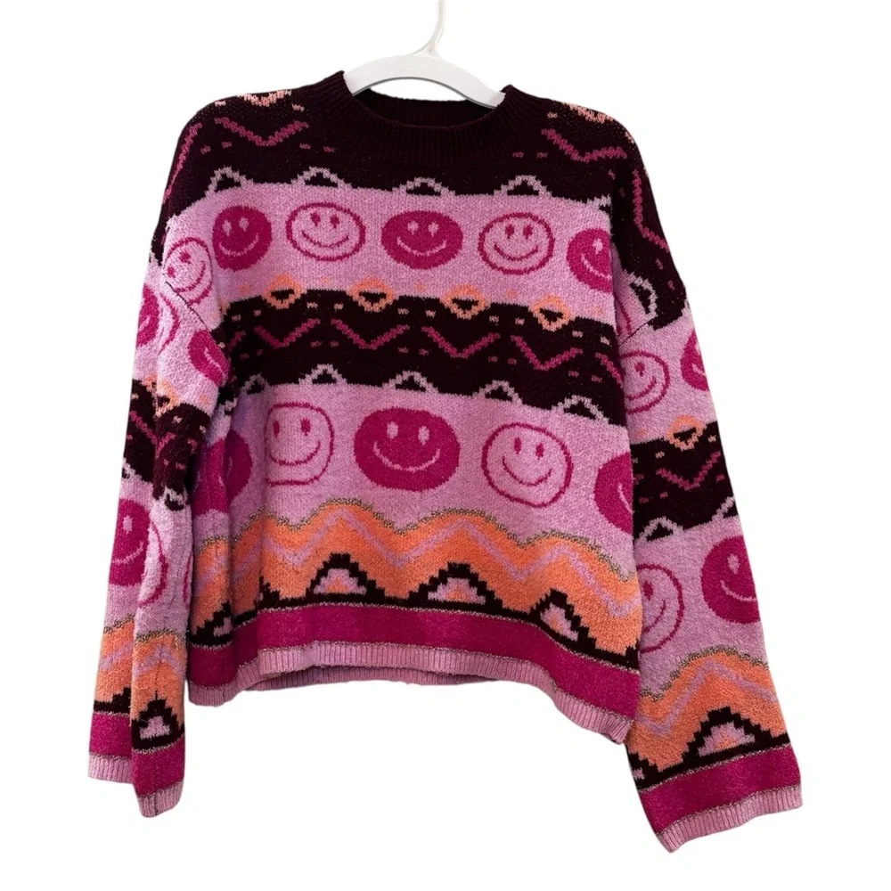 Justice Knit Fairisle Sweater Burgundy Rose Pink Size Large 12/14